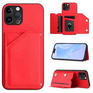 For iPhone 12 Pro Skin Feel Four Card Slots Phone Case with Wrist Strap(Red)