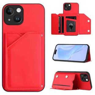 For iPhone 13 Skin Feel Four Card Slots Phone Case with Wrist Strap(Red)