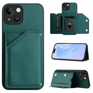 For iPhone 13 mini Skin Feel Four Card Slots Phone Case with Wrist Strap(Green)