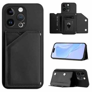 For iPhone 13 Pro Skin Feel Four Card Slots Phone Case with Wrist Strap(Black)