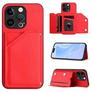 For iPhone 13 Pro Skin Feel Four Card Slots Phone Case with Wrist Strap(Red)