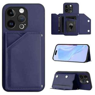 For iPhone 13 Pro Skin Feel Four Card Slots Phone Case with Wrist Strap(Blue)