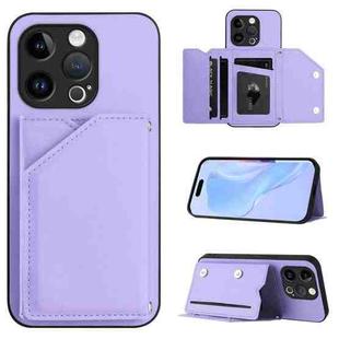 For iPhone 13 Pro Skin Feel Four Card Slots Phone Case with Wrist Strap(Purple)