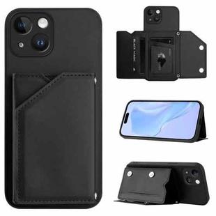 For iPhone 14 Skin Feel Four Card Slots Phone Case with Wrist Strap(Black)