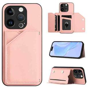 For iPhone 14 Pro Skin Feel Four Card Slots Phone Case with Wrist Strap(Pink)