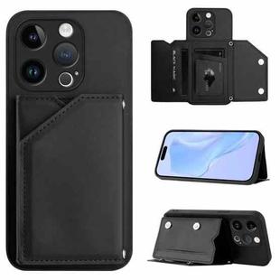 For iPhone 14 Pro Skin Feel Four Card Slots Phone Case with Wrist Strap(Black)