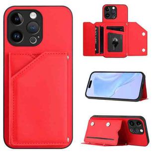 For iPhone 14 Pro Max Skin Feel Four Card Slots Phone Case with Wrist Strap(Red)