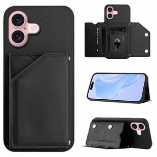 For iPhone 16 Skin Feel Four Card Slots Phone Case with Wrist Strap(Black)