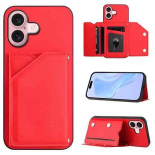 For iPhone 16 Skin Feel Four Card Slots Phone Case with Wrist Strap(Red)