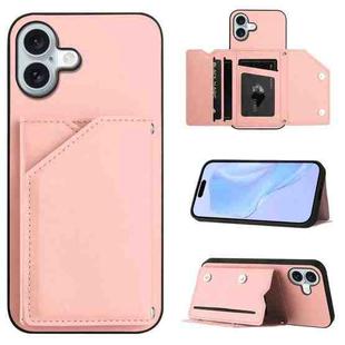 For iPhone 16 Plus Skin Feel Four Card Slots Phone Case with Wrist Strap(Pink)