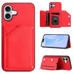 For iPhone 16 Plus Skin Feel Four Card Slots Phone Case with Wrist Strap(Red)