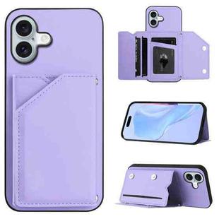 For iPhone 16 Plus Skin Feel Four Card Slots Phone Case with Wrist Strap(Purple)