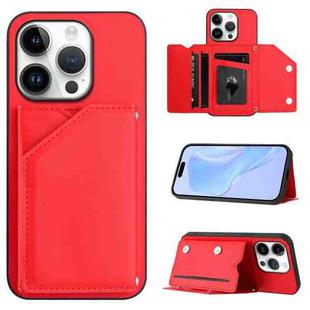 For iPhone 16 Pro Skin Feel Four Card Slots Phone Case with Wrist Strap(Red)