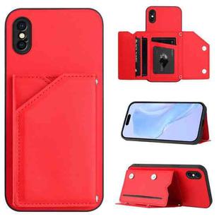 For iPhone X / XS Skin Feel Four Card Slots Phone Case with Wrist Strap(Red)