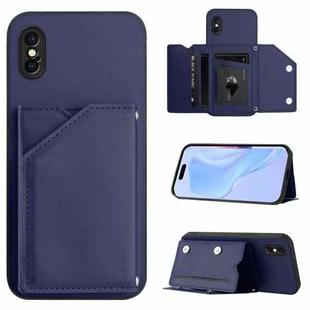 For iPhone X / XS Skin Feel Four Card Slots Phone Case with Wrist Strap(Blue)