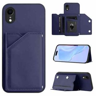 For iPhone XR Skin Feel Four Card Slots Phone Case with Wrist Strap(Blue)