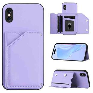 For iPhone XS Max Skin Feel Four Card Slots Phone Case with Wrist Strap(Purple)