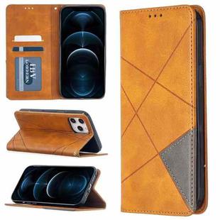 For iPhone 12 Pro Max Rhombus Texture Horizontal Flip Magnetic Leather Case with Holder & Card Slots(Yellow)