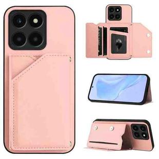 For Honor X6A Global Skin Feel Four Card Slots Phone Case with Wrist Strap(Pink)