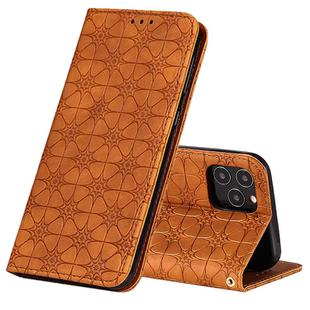 For iPhone 12 / 12 Pro Lucky Flowers Embossing Pattern Magnetic Horizontal Flip Leather Case with Holder & Card Slots(Yellow Brown)