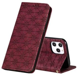 For iPhone 12 Pro Max Lucky Flowers Embossing Pattern Magnetic Horizontal Flip Leather Case with Holder & Card Slots(Wine Red)