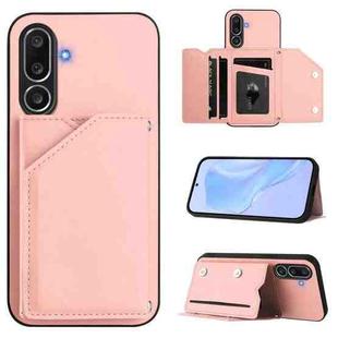 For Samsung Galaxy M56 5G Skin Feel Four Card Slots Phone Case with Wrist Strap(Pink)