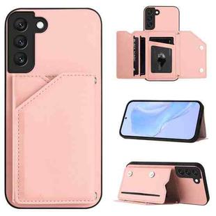 For Samsung Galaxy S22+ 5G Skin Feel Four Card Slots Phone Case with Wrist Strap(Pink)