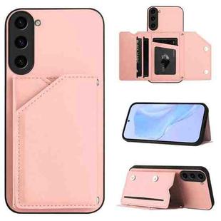 For Samsung Galaxy S23 5G Skin Feel Four Card Slots Phone Case with Wrist Strap(Pink)