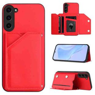 For Samsung Galaxy S23 FE 5G Skin Feel Four Card Slots Phone Case with Wrist Strap(Red)