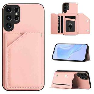 For Samsung Galaxy S23 Ultra 5G Skin Feel Four Card Slots Phone Case with Wrist Strap(Pink)
