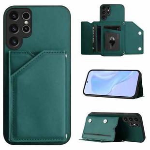 For Samsung Galaxy S23 Ultra 5G Skin Feel Four Card Slots Phone Case with Wrist Strap(Green)