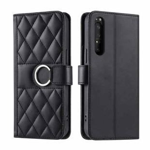 For Sony Xperia 1 IV Ring Buckle Rhombic Leather Phone Case(Black)