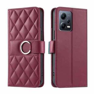 For Redmi Note 12 5G Global Ring Buckle Rhombic Leather Phone Case(Red)