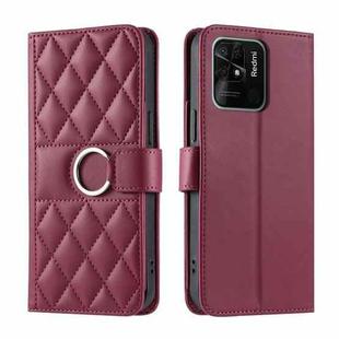 For Redmi 10C 4G Global / 10 India Ring Buckle Rhombic Leather Phone Case(Red)