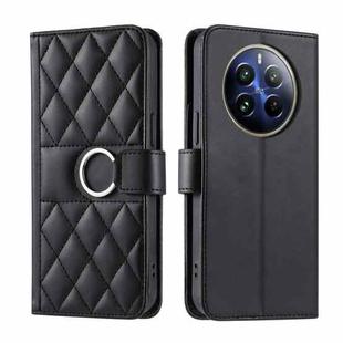 For Realme 12+ 5G Global Ring Buckle Rhombic Leather Phone Case(Black)