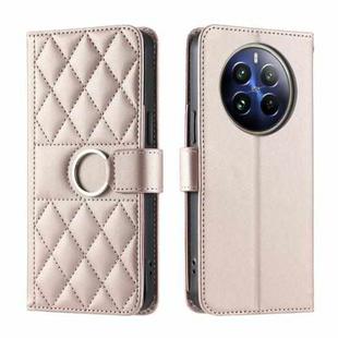 For Realme 12+ 5G Global Ring Buckle Rhombic Leather Phone Case(Rose Gold)