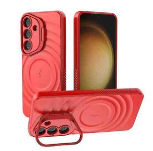 For Samsung Galaxy S25 5G Lens Frame Bracket Corrugated MagSafe Phone Case(Red)