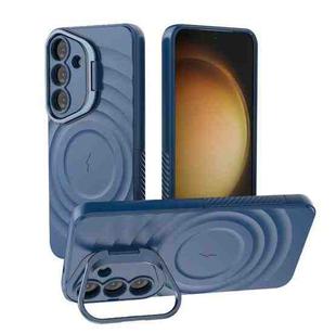 For Samsung Galaxy S25 5G Lens Frame Bracket Corrugated MagSafe Phone Case(Dark Blue)