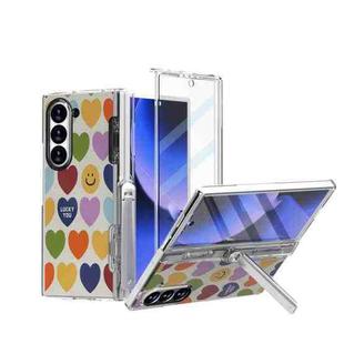 For Samsung Galaxy Z Fold6 5G Sticker TPU Hybrid PC Holder Shockproof Phone Case with Tempered Film(Little Love Heart)