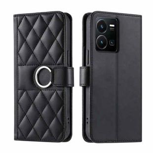 For vivo Y35 4G / Y22s 4G / Y77E 5G Ring Buckle Rhombic Leather Phone Case(Black)