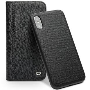 For iPhone X / XS QIALINO 2 in 1 Cross Texture Top-grain Leather  + PC + TPU Horizontal Flip Leather Case with Holder & Card Slots(Black)