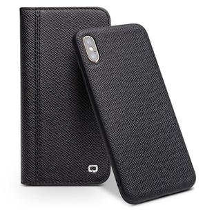 For iPhone XS Max QIALINO 2 in 1 Cross Texture Top-grain Leather  + PC + TPU Horizontal Flip Leather Case with Holder & Card Slots(Black)