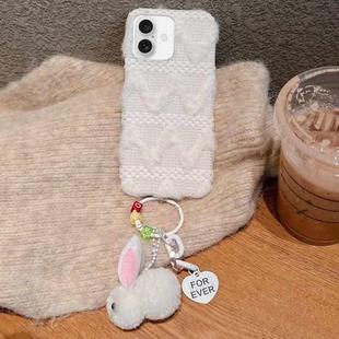 For iPhone 16 Plus W-texture Plush PU Hybrid PC Phone Case with Doll Keychain(White)