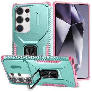 For Samsung Galaxy S25 Ultra 5G Sliding Camshield Holder Phone Case(Grey Green + Pink)