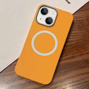 For iPhone 15 Leather Texture Design MagSafe Full Coverage Phone Case(Yellow)