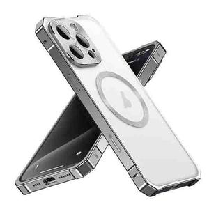 For iPhone 16 Pro Irregular Alloy Frame Fosted Translucent MagSafe Phone Case(Titanium)