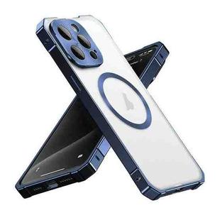 For iPhone 15 Pro Max Irregular Alloy Frame Fosted Translucent MagSafe Phone Case(Blue)