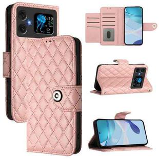 For Cubot A20 Rhombic Texture Flip Leather Phone Case with Lanyard(Coral Pink)