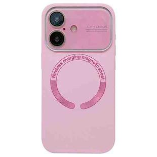 For iPhone 16 Large Window Acrylic Glass Lens MagSafe Silicone Phone Case(Rose Pink)