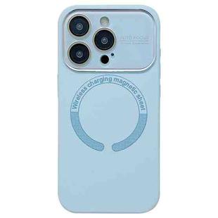 For iPhone 15 Pro Large Window Acrylic Glass Lens MagSafe Silicone Phone Case(Far Peak Blue)